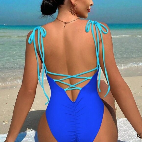 Beachy Women's Swim Daily Wear Tie-Up One-Piece Swimsuit Blue - Picture 1 of 4